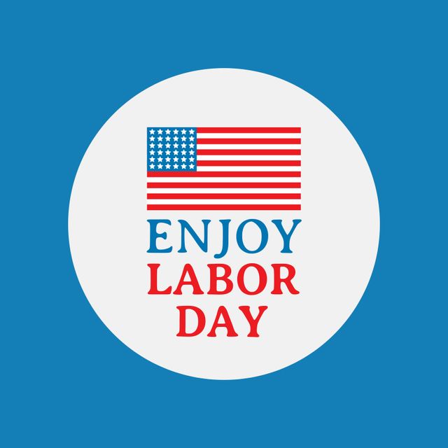 Illustration of enjoy labor day text with flag of america in white circle against blue background. Copy space, vector, patriotism, employment, honor, freedom, celebration and holiday concept.