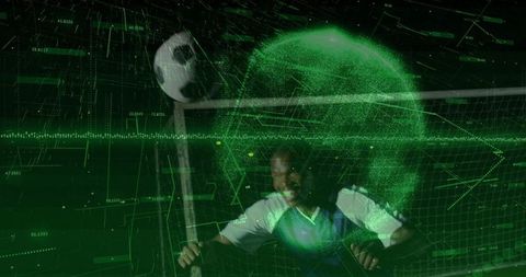 Futuristic soccer goalkeeper blocking goal in intense digital arena