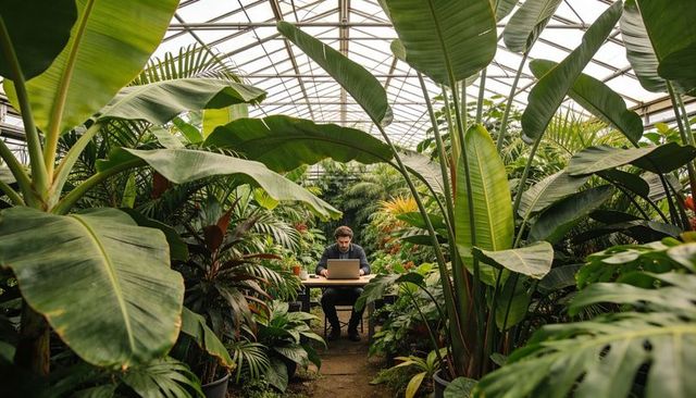 Remote worker using laptop at wooden table in greenhouse surrounded by tropical plants