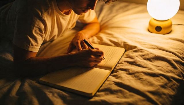 Late-night journaling on cozy bed under warm lamp, man writing in notebook for reflection