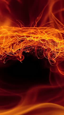 Braided flame weaving over dark void in hypnotic vertical loop with glowing ember haze