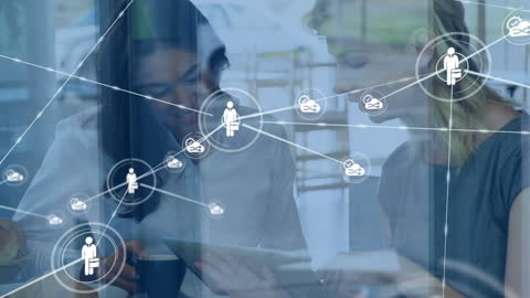 Business Professionals Using Tablet with Digital Network Overlay