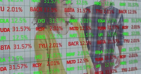 Business team reviewing stock tickers on transparent glass for finance collaboration