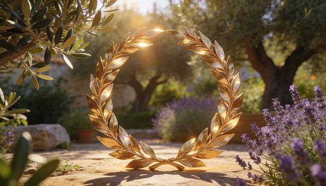 Glowing ornate golden laurel wreath resting on sunlit mediterranean garden stone
