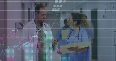 Medical Professionals Analyzing Patient Data with Digital Graph Overlays