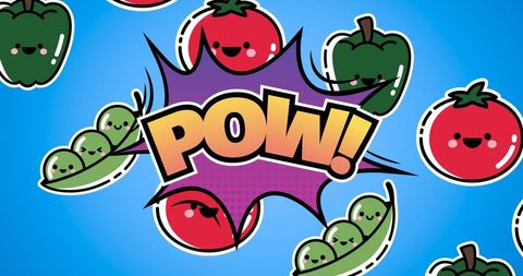 Cheerful Vegetable Characters with POW Text on Blue Background