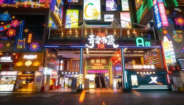 Neon night market entrance glowing with escalators and colorful signage