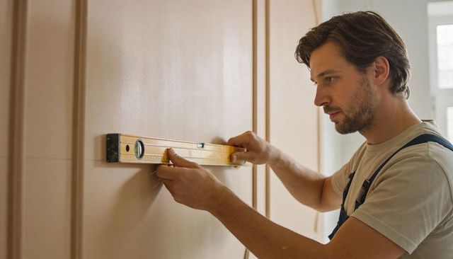 Carpenter checking spirit level on paneled wall during home renovation measuring alignment