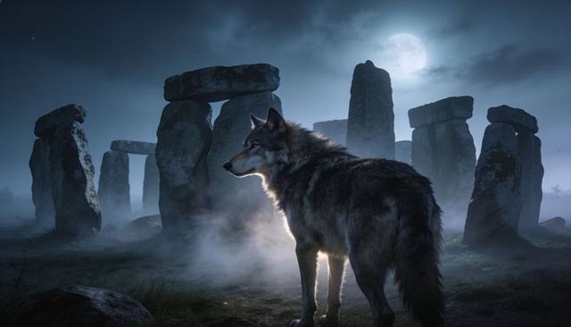 Moonlit gray wolf prowling ancient megalith stone circle under full moon drifting mist