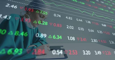 Surgeon Analyzing Data with Overlay of Stock Market Graphs