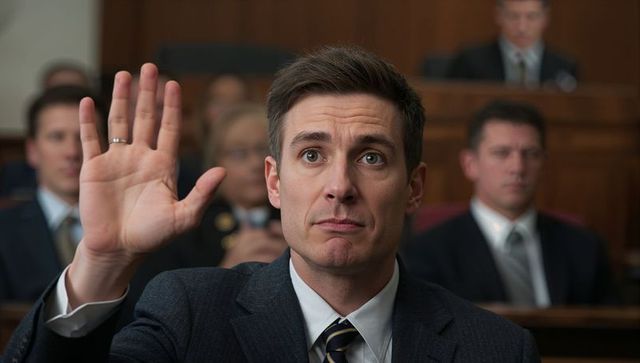 Juror raising hand taking oath in courtroom close-up during trial testimony