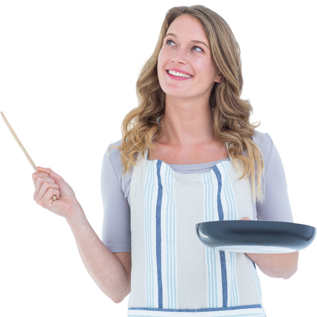 Smiling Woman Holding Frying Pan and Wooden Spoon on Transparent Background - Download Free Stock Videos Pikwizard.com