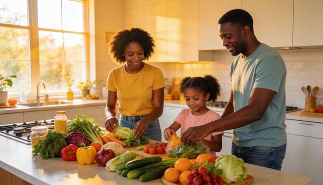 Family preparing fresh produce together on kitchen island in warm sunlight