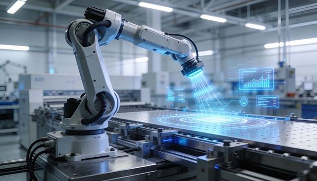 Industrial robotic arm projecting holographic interface on smart production table