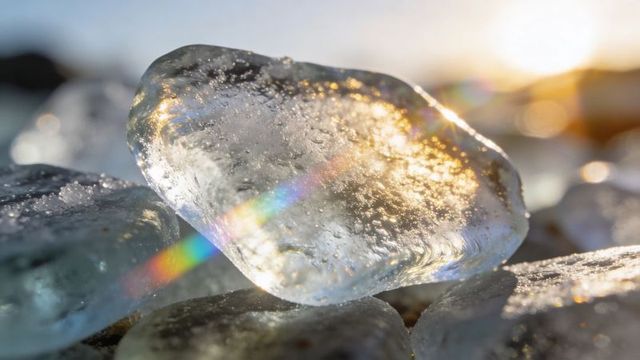 Sunlit sea glass pebble showing rainbow prism and sparkling bubbles in macro close-up