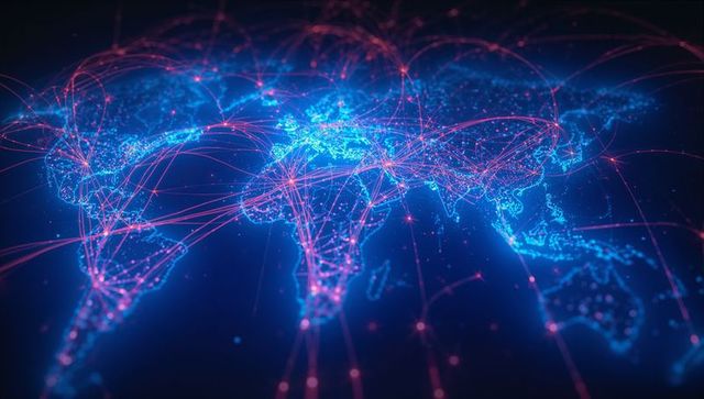 Glowing digital world map with neon connections and blue nodes