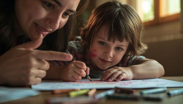 Mother guiding child coloring at table with crayons and warm window light, bonding moment