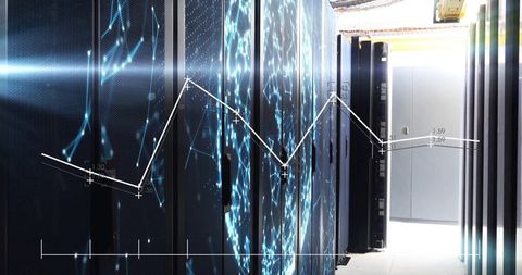 Server room with visualized data flow and networking overlay