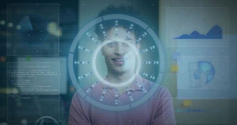 Professional viewing ar circular holographic hud with analytics, code and global data