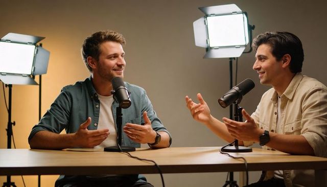 Podcast hosts recording lively conversation with professional microphones and studio lights