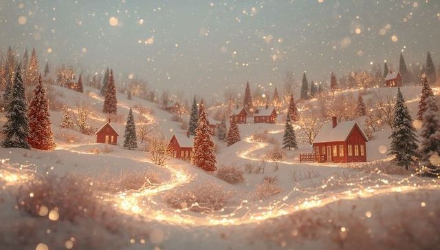 Glowing fairy light trail winding through snowy red cabins in twilight winter village