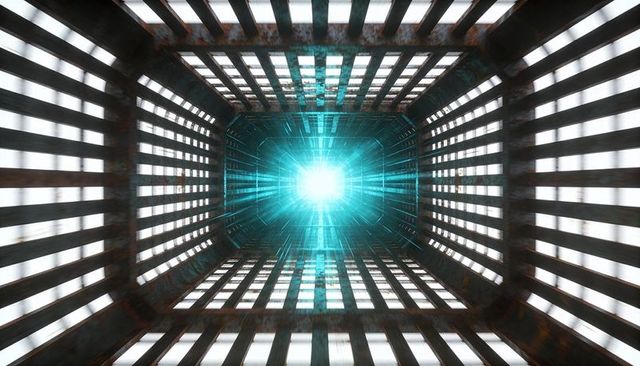 Glowing cyan energy core pulsing inside industrial grated shaft with futuristic symmetry