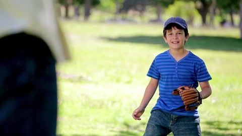 Smiling Boy Playing Baseball in Sunlit Countryside