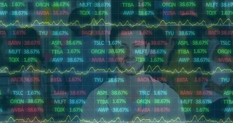 Stock market analysts collaborating with digital financial data overlay