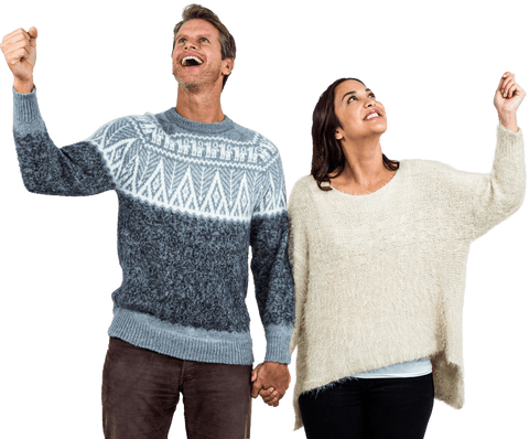 Transparent Energetic Couple Celebrating in Cozy Clothing