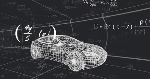 Futuristic car design with wireframe and scientific formulas in motion