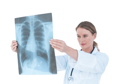 Transparent doctor examining chest x-ray scan