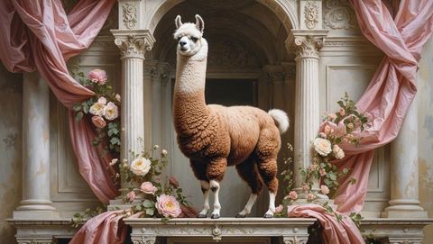 Elegant brown llama standing in opulent architectural archway