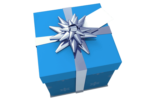 Festive blue gift box with silver star bow on transparent background