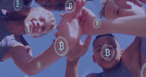 Children Embracing Team Spirit with Bitcoin Symbols