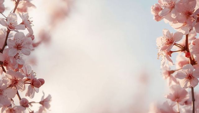 Framing delicate pale-pink cherry blossoms on branches with soft bokeh background