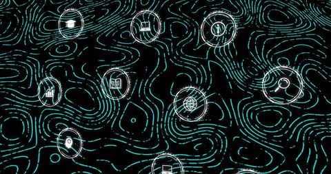 Digital network icons on black background representing global connectivity