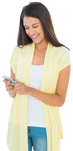 Smiling Woman Texting on Phone Isolated Transparent Background