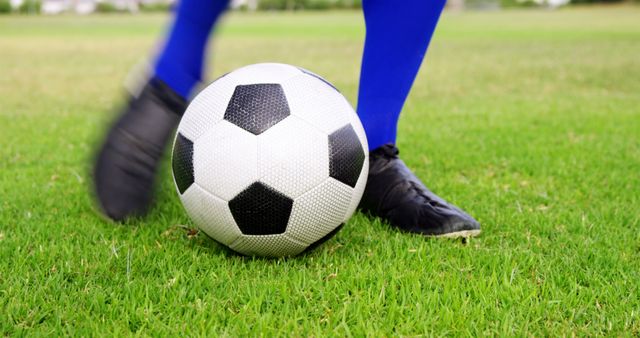 Image showing a soccer player wearing black shoes and blue socks, kicking a black and white soccer ball on green grass field. Useful for illustrating sports activities, fitness, youth sports teams, and athletic lifestyle promotions.