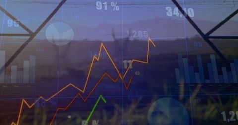 Financial Analytics Overlay on Rural Field Showing Market Trends, Graphs and Data Visuals