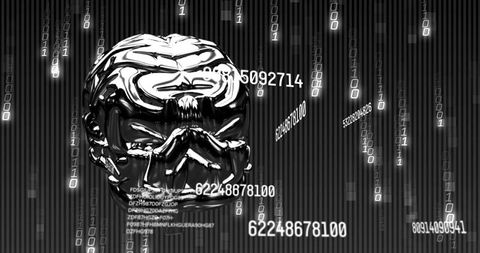 Chromed Cyber Skull Dominating Binary Rain and Floating Numeric Data Streams