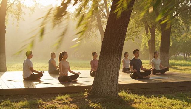 Sunlit morning group practicing yoga and meditation on raised platform in park