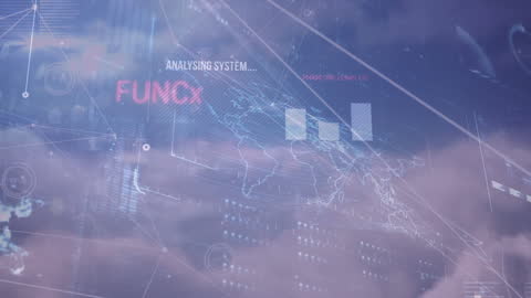 Illustration depicts a concept of global data networking displayed over a background of clouds, emphasizing digital analytics and communication. Useful for conveying technology innovation and data security themes in presentations, articles or advertisements centred around cloud computing, global networking, and advanced data analysis tools.