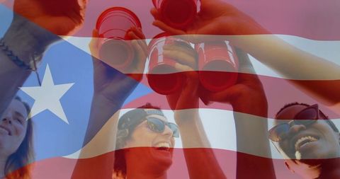Diverse Friends Celebrating Outdoors with Puerto Rican Flag Overlay