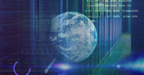 Image illustrates global data processing by combining digital binary code, Earth projection, and computer servers in a visually striking manner. Ideal for use in technology presentations, IT articles, and marketing campaigns focused on data analytics or global networking solutions.