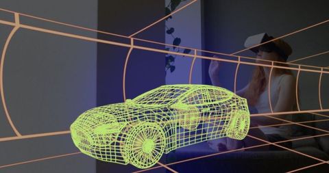 Woman in vr headset with digital 3d car design overlay