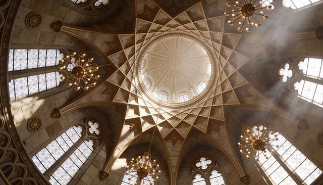 Ornate star-patterned coffered dome with central lantern, tracery windows and gilded chandeliers