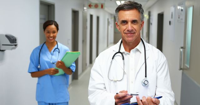 Medical Professionals in Hospital Hallway Reviewing Patient Files - Download Free Stock Images Pikwizard.com