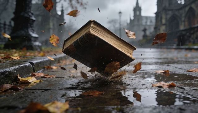 Antique leather book splashing into rain puddle on cobblestone with falling autumn leaves