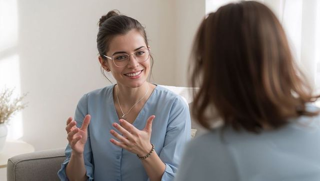 Young counselor conducting empathetic therapy conversation in bright living room