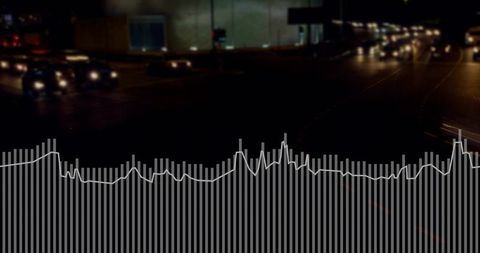 Night urban audio visualizer overlay showing pulsing waveform over highway traffic lights
